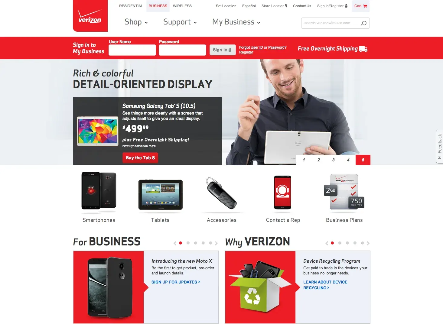 The Verizon business homepage with a Samsung Galaxy Tab S marquee, 'Rich and colorful detail-oriented display'.