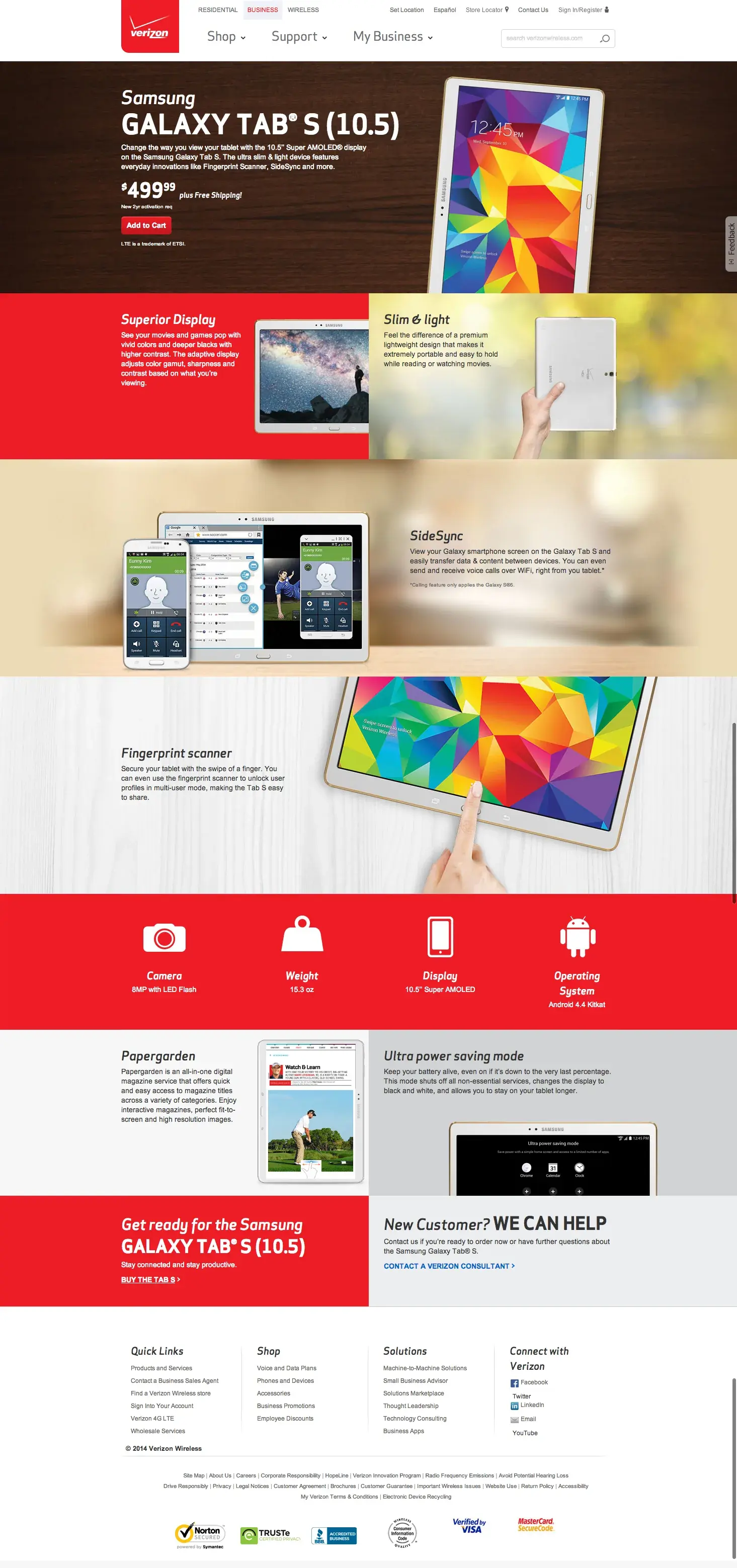 The Galaxy Tab S business landing page: a dark hero, Superior Display and Slim and light panels, SideSync, a fingerprint scanner, and feature icons.