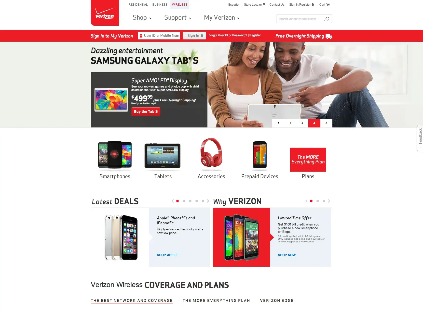 The Verizon homepage with a Samsung Galaxy Tab S marquee, 'Dazzling entertainment', priced at $499.99.
