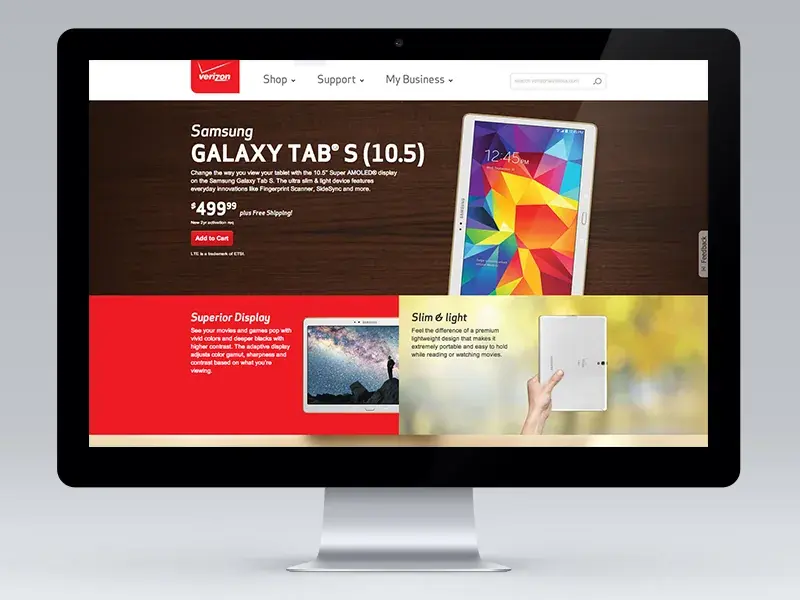 The Samsung Galaxy Tab S (10.5) launch page for Verizon on a desktop monitor: a dark wood hero with the tablet, and red feature panels.
