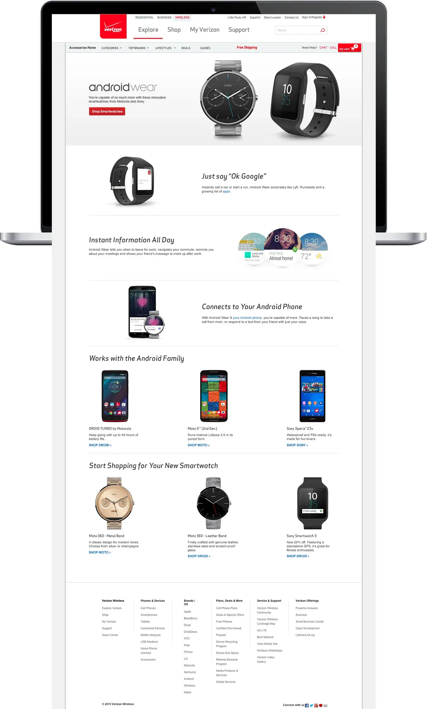 The Android Wear landing page on a laptop: smartwatches from Motorola and Sony, 'Just say Ok Google', and a Works with the Android Family section.