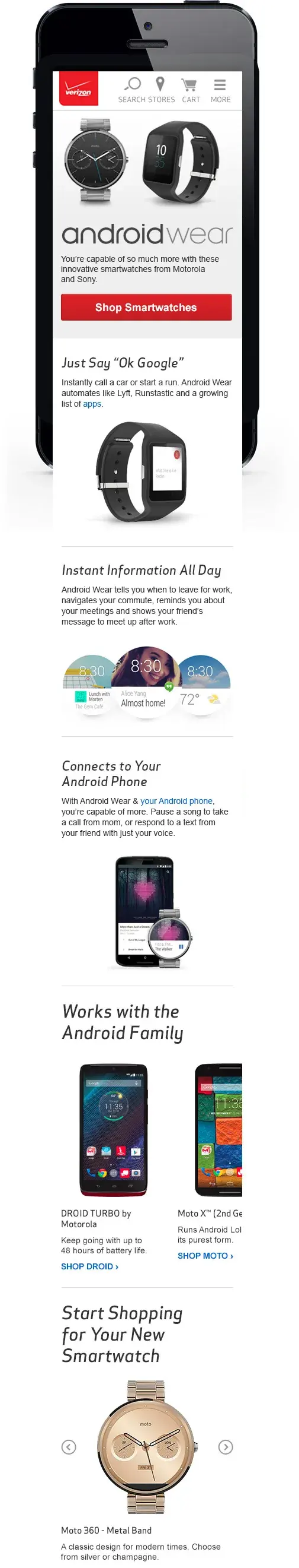 The Android Wear landing page on a phone, in a single column.