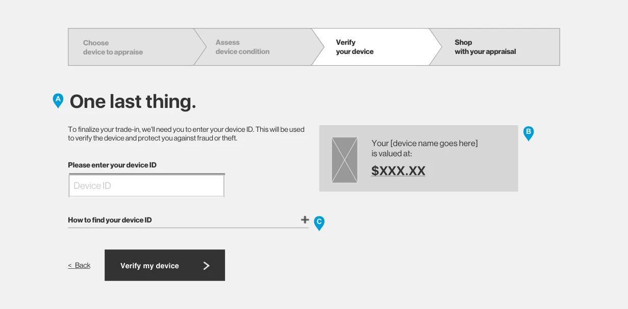 Wireframe, verify your device: copy explaining why a device ID is needed, a Device ID field, a collapsed 'How to find your device ID' row, a teaser that now reads 'is valued at', and a Verify my device button.