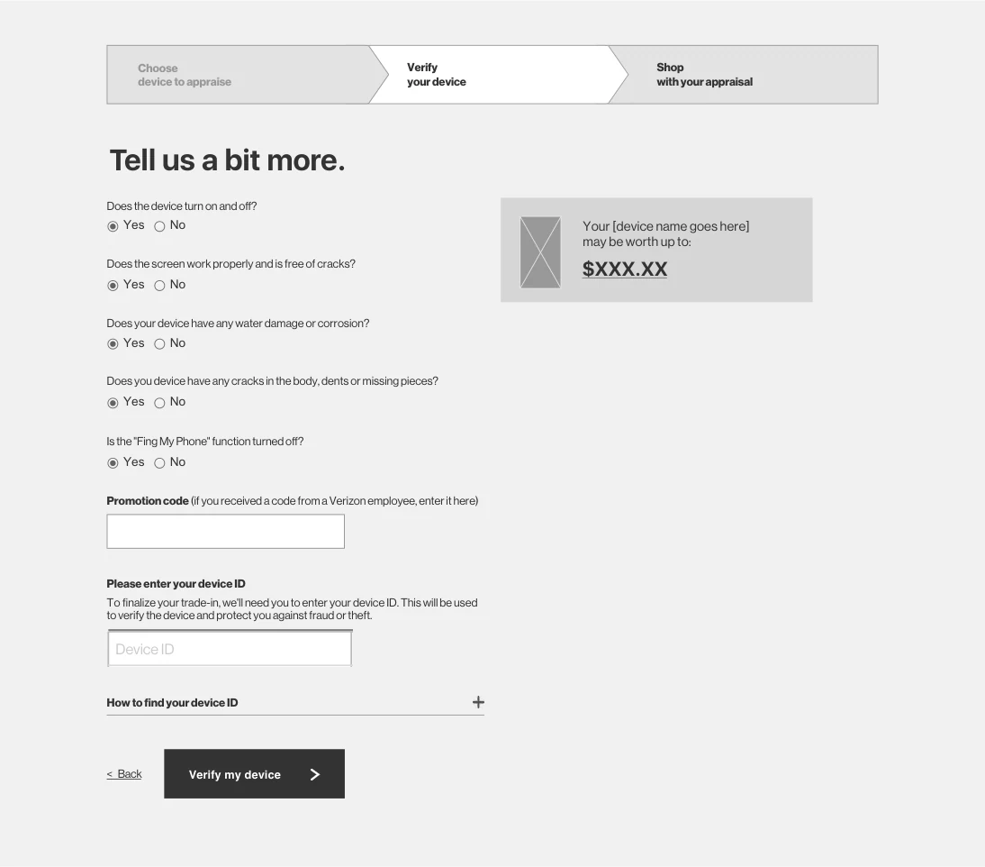 Wireframe, the combined page: a three-step progress bar, the five condition questions, a promotion code field, a device ID field with an expandable help row, and a Verify my device button, all on one page.