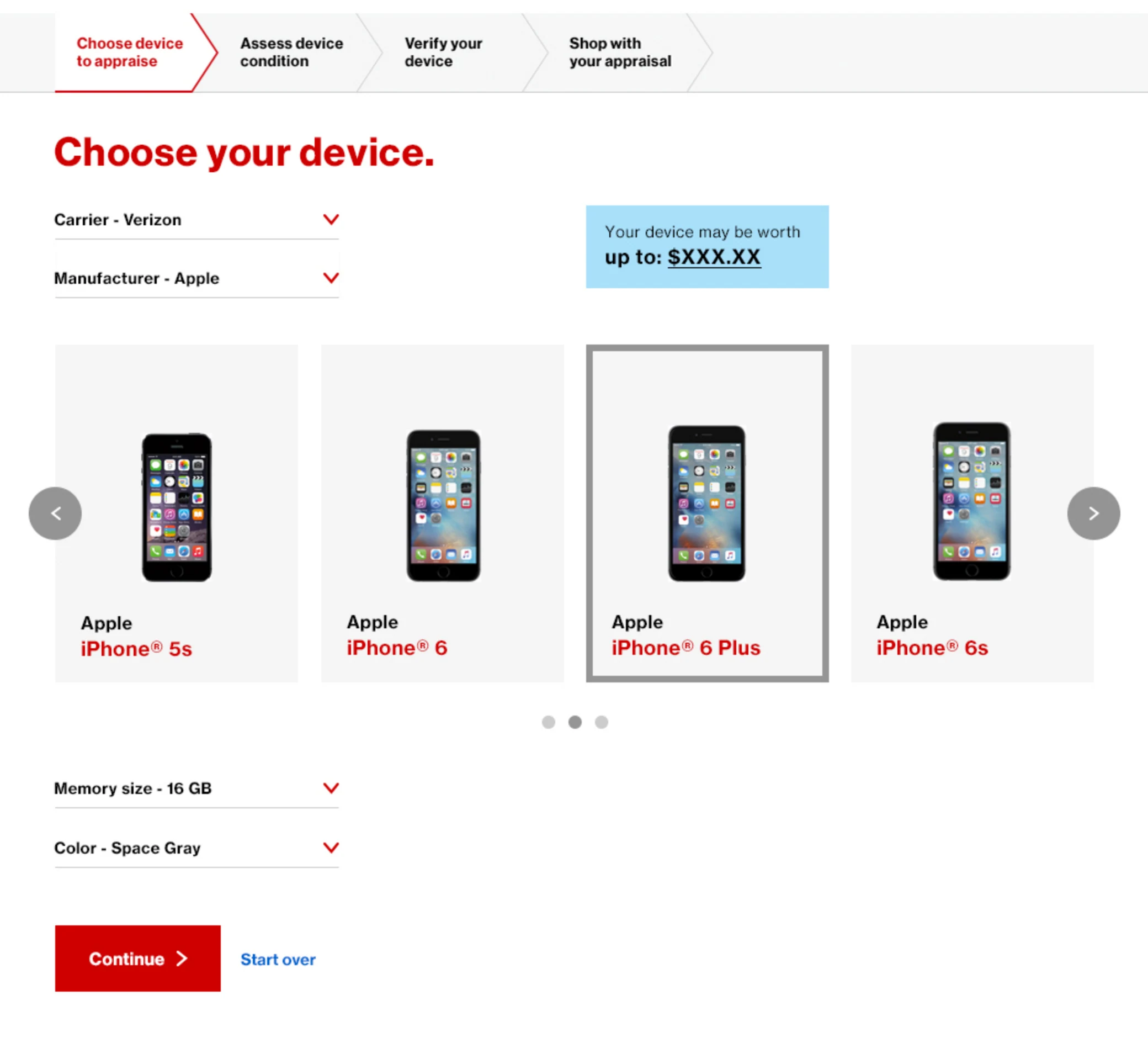 Comp, choose your device with an iPhone 6 Plus selected: a carousel of the iPhone 5s, 6, 6 Plus, and 6s, a teaser reading 'Your device may be worth up to' with a placeholder amount, Memory size 16 GB, Color Space Gray, an enabled Continue button, and a Start over link.