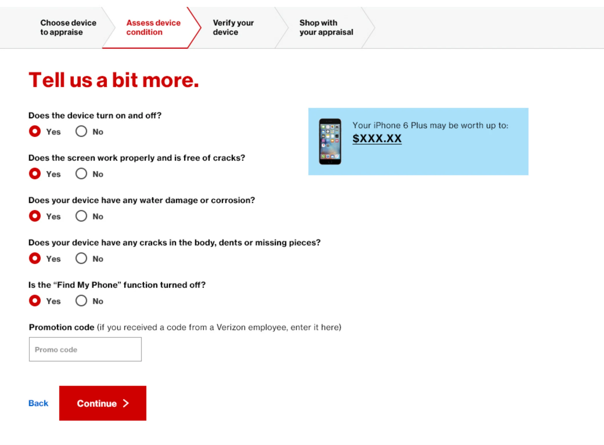 Comp, tell us a bit more, all answered: five questions answered Yes, the iPhone 6 Plus value teaser, a promotion code field, and an enabled Continue button.