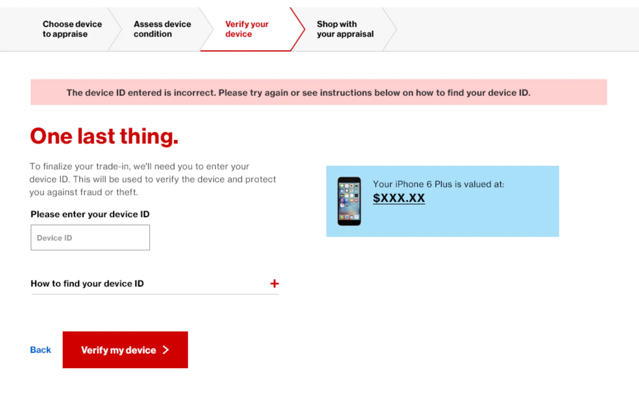 Comp, the device ID step with a generic error: a pink banner says the device ID entered is incorrect, above the same form and a teaser reading 'is valued at'.