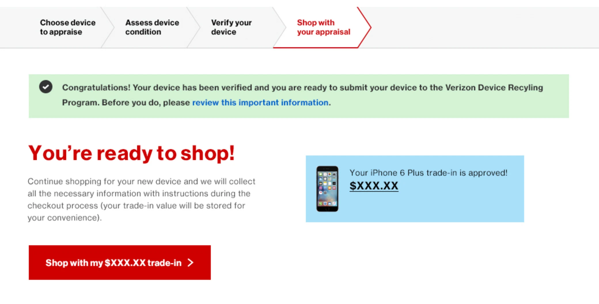 Comp, you're ready to shop: a green banner says the device has been verified and links to important information, a teaser reading 'trade-in is approved', and a Shop with my trade-in button showing the amount.