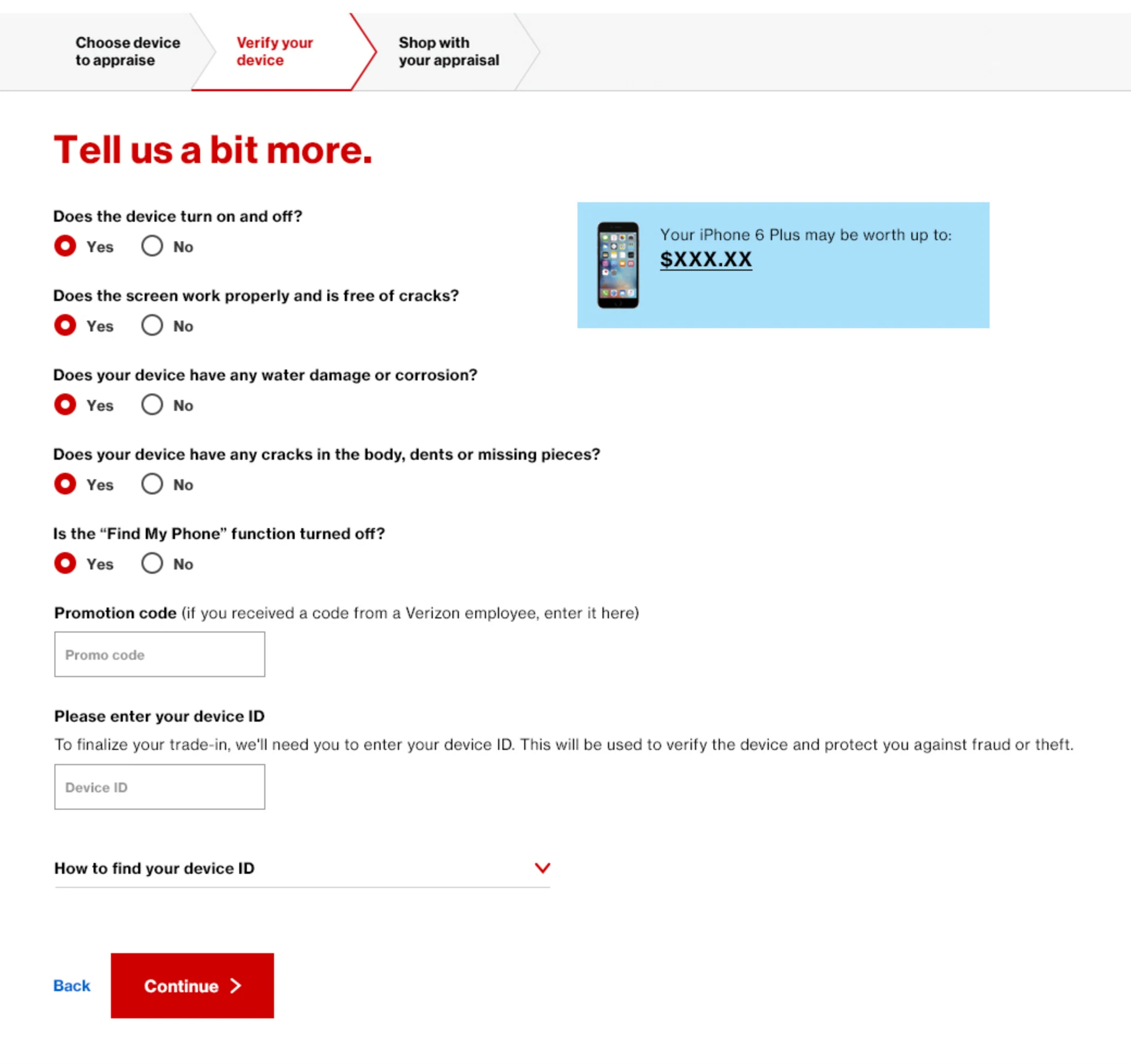 Comp, the combined page: a three-step progress bar, the five condition questions, a promotion code field, a device ID field with an expandable help row, and a Continue button, all on one page.